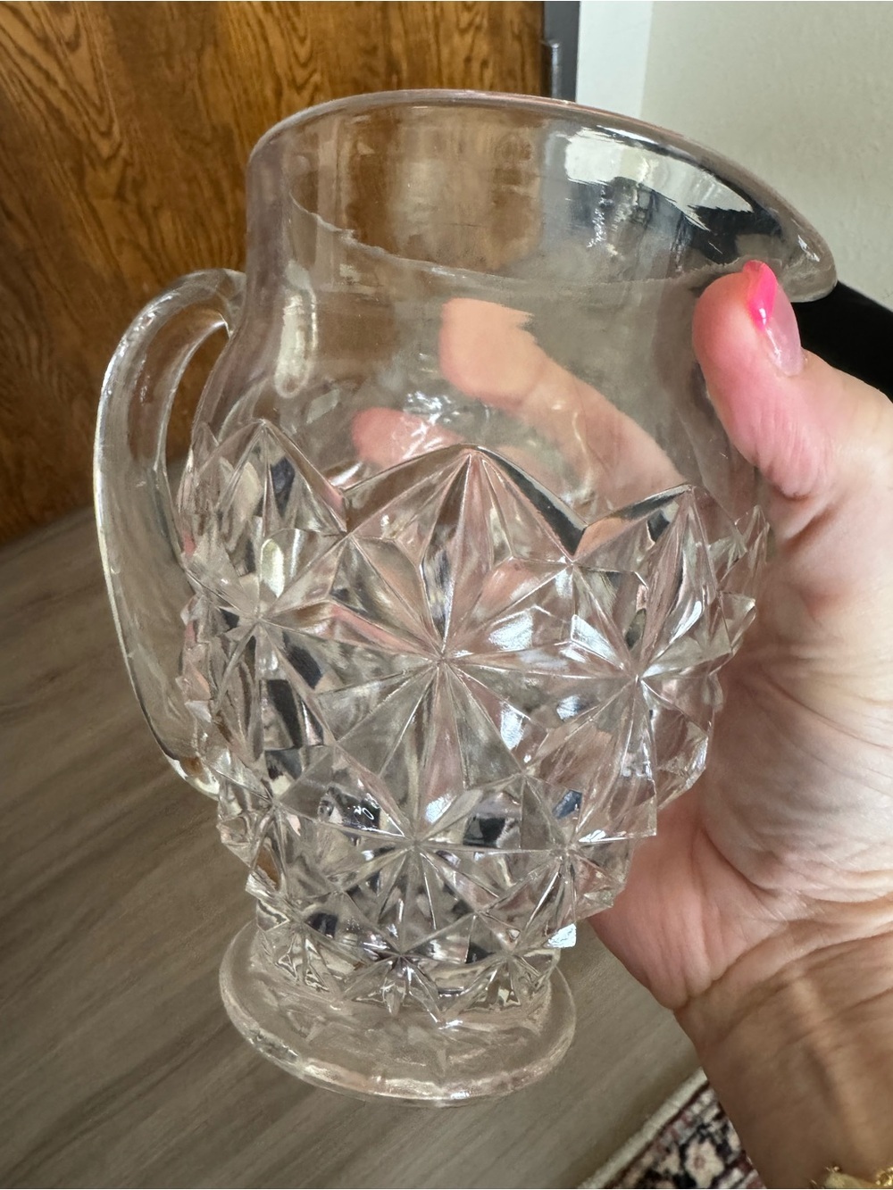Vintage Clear Cut Glass Pitcher Diamond Starburst Pattern Small Small Pitcher - Picture 4 of 4